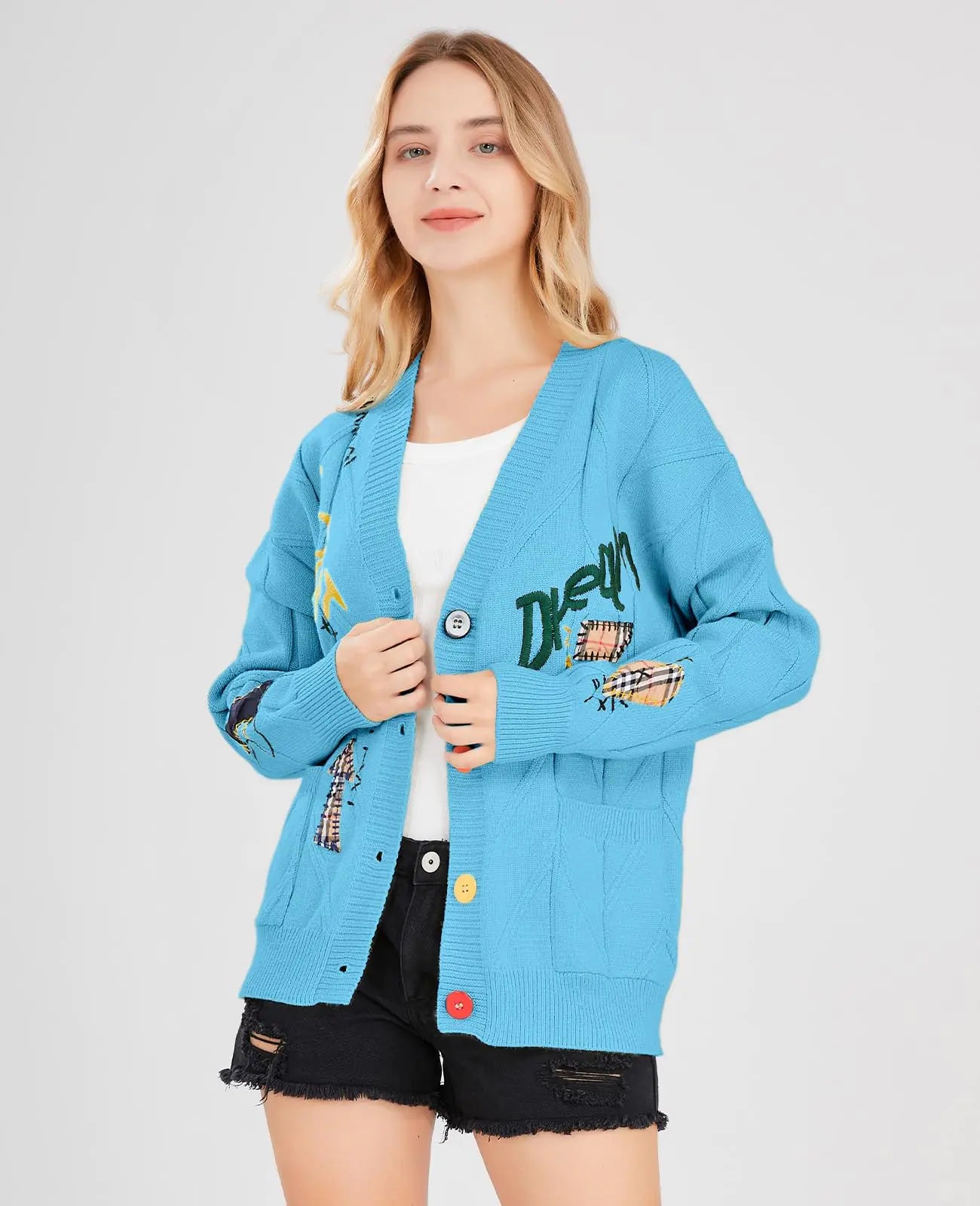 WOMEN'S CABLE KNIT WOOL BLEND CARDIGAN 'EMBROIDERY BLUE'