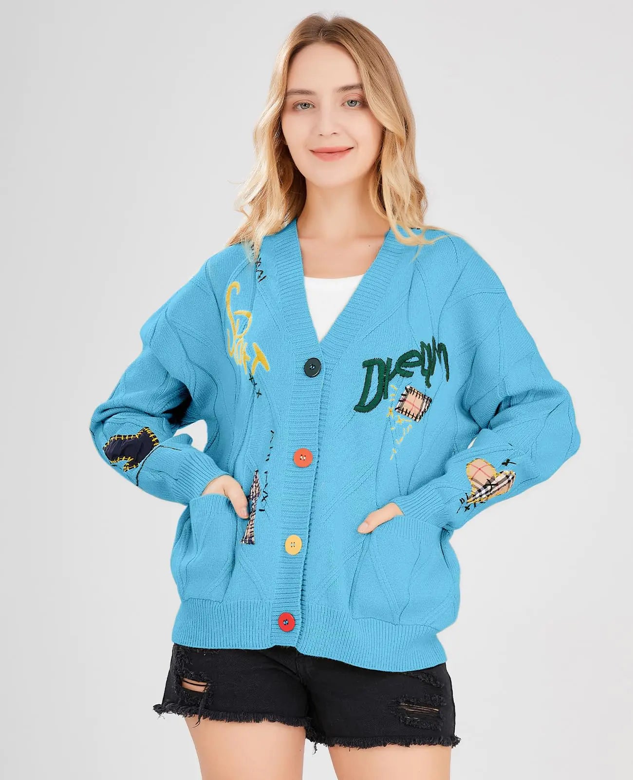 WOMEN'S CABLE KNIT WOOL BLEND CARDIGAN 'EMBROIDERY BLUE'