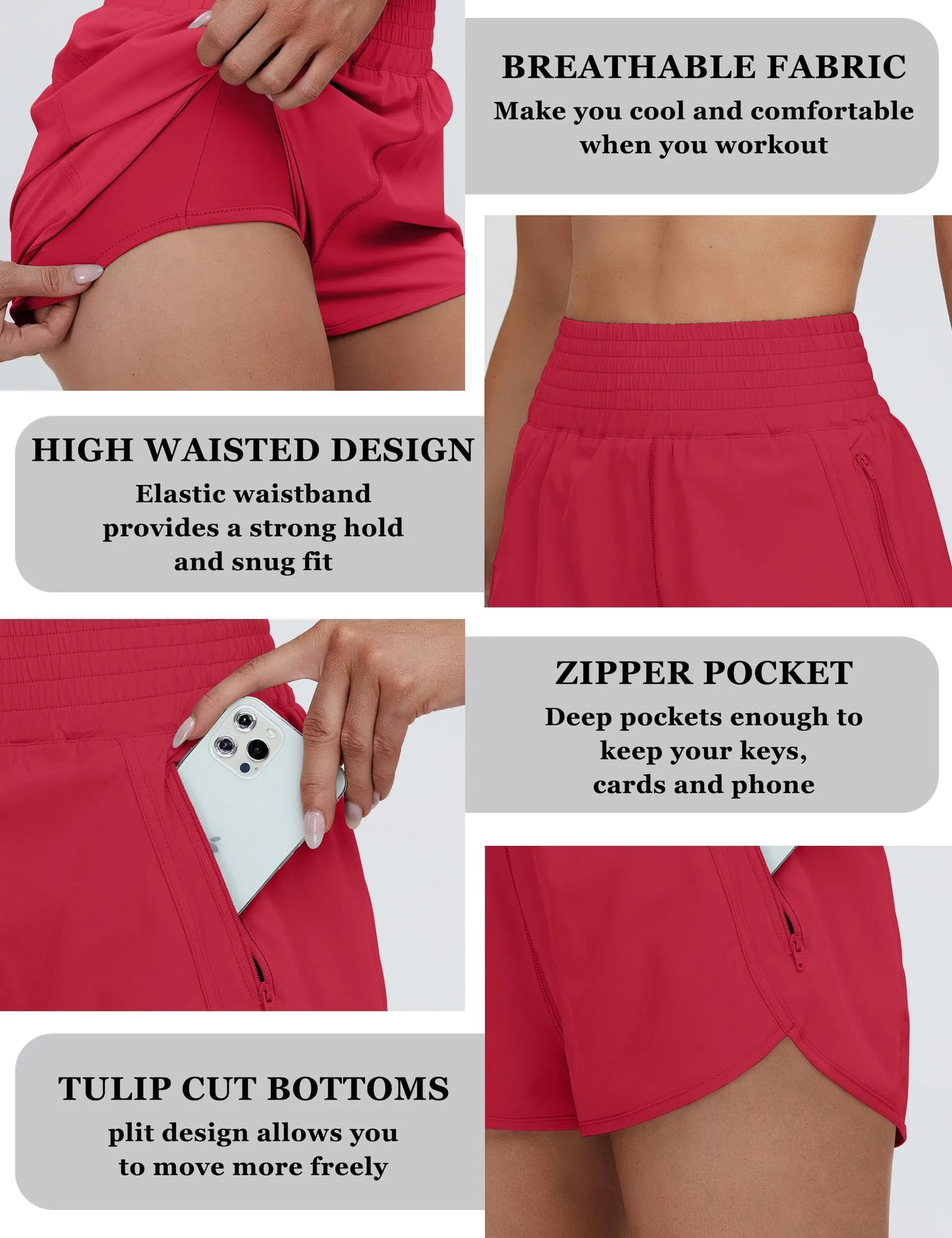 BMJL Women's Athletic Shorts High Waisted Running Shorts Pocket Sporty Short Gym Elastic Workout Shorts 2'' High waisted X-Small Red371
