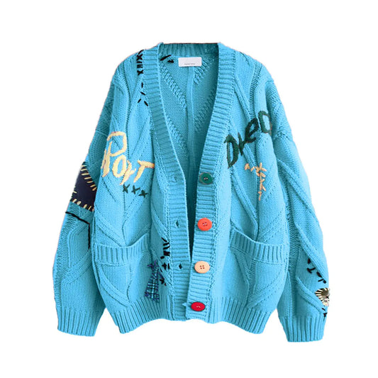 WOMEN'S CABLE KNIT WOOL BLEND CARDIGAN 'EMBROIDERY BLUE'