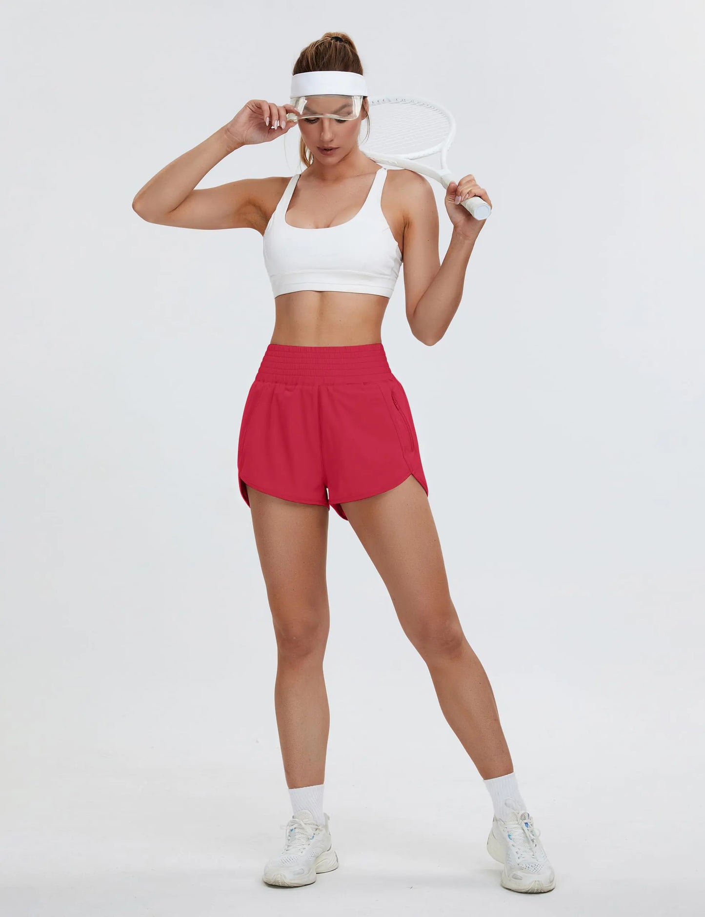 BMJL Women's Athletic Shorts High Waisted Running Shorts Pocket Sporty Short Gym Elastic Workout Shorts 2'' High waisted X-Small Red371